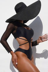 Black Long Sleeve Mesh Patchwork Hollow Out Monokini Areous